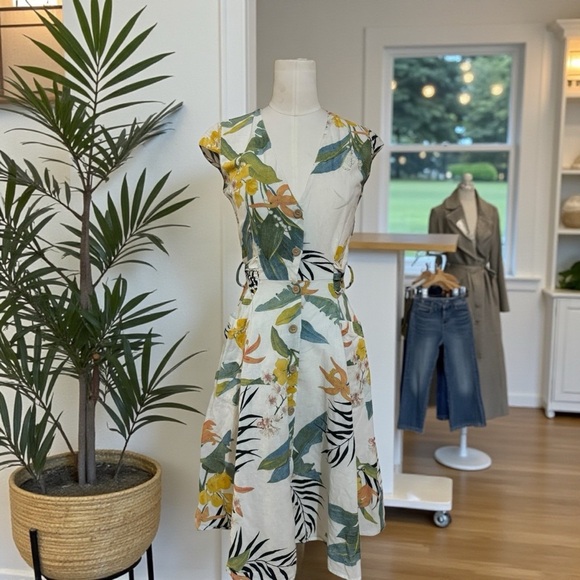 Zara Dresses & Skirts - Zara Basic 100% Linen Tropical Floral Button Dress XS